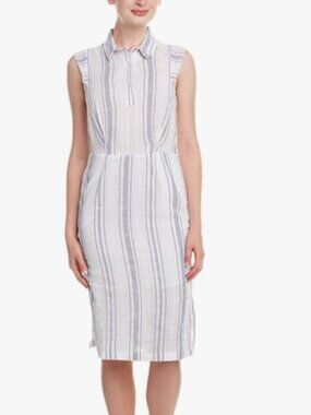 OLIVE & OAK Size Large White Dress with Blue Stripes Popover Lined Slub Cotton
